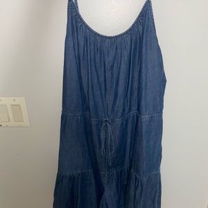 Jean romper with tie waist (adjustable) and flowy shorts part of romper.